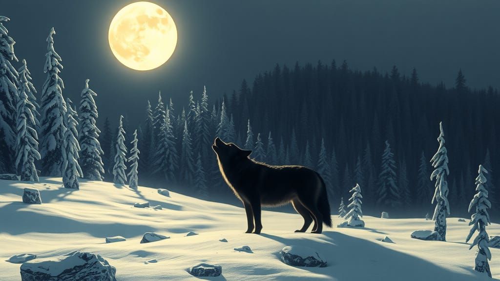 Lone Wolf Howling at Moon in Snowy Forest