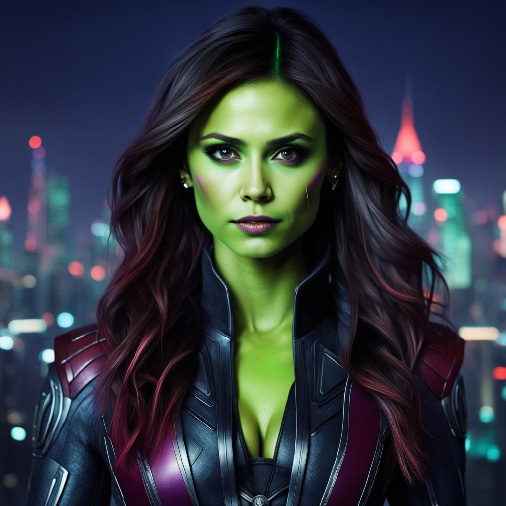 Gamora in a Neon Lit Extraterrestrial City