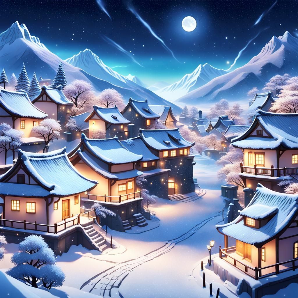 Snowy Village at Night in Vibrant Anime Style