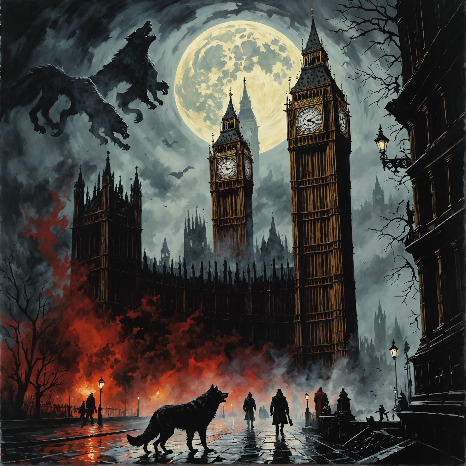Big Ben with Werewolf Gouache Painting