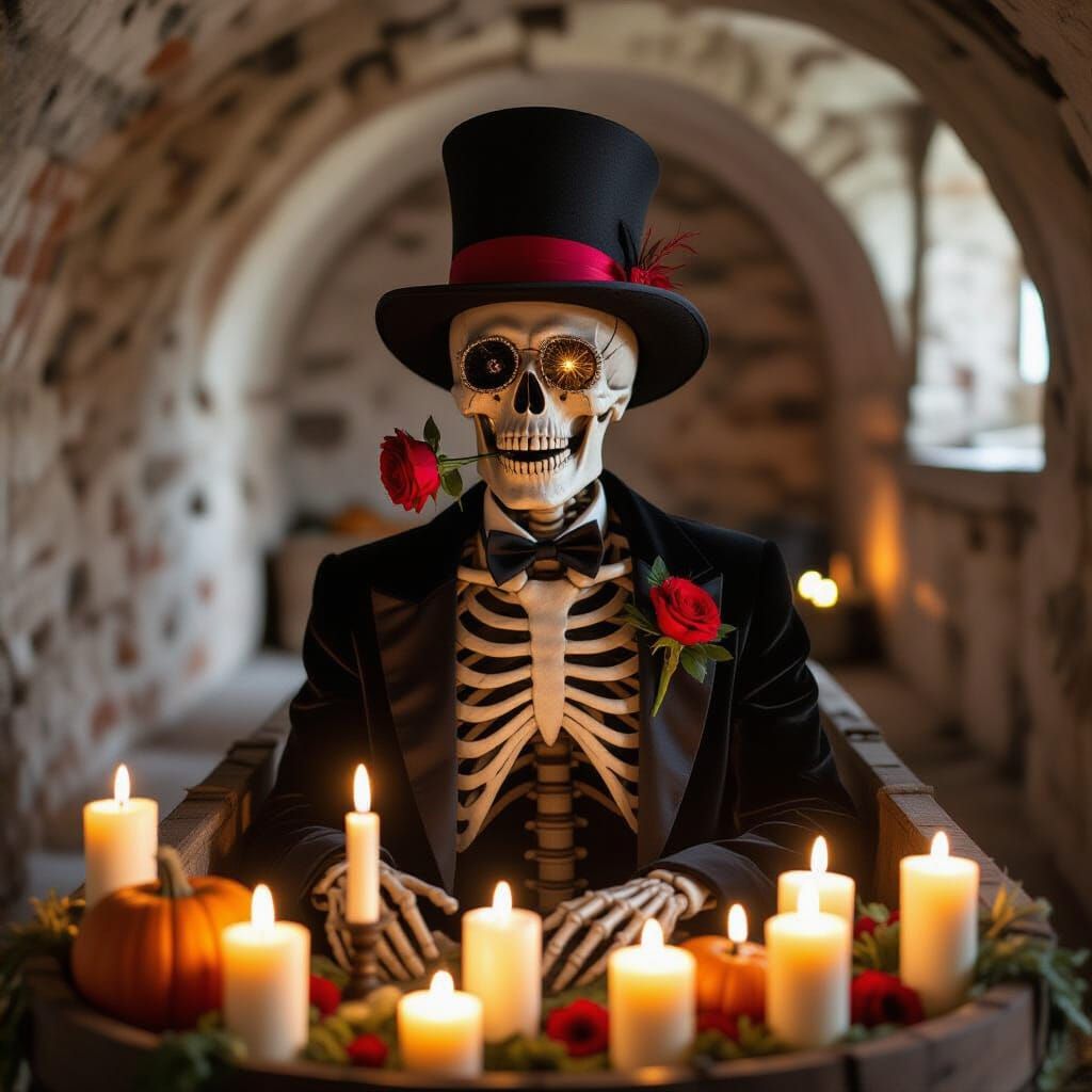 Skeletal Figure Emerges from Coffin in Gothic Crypt