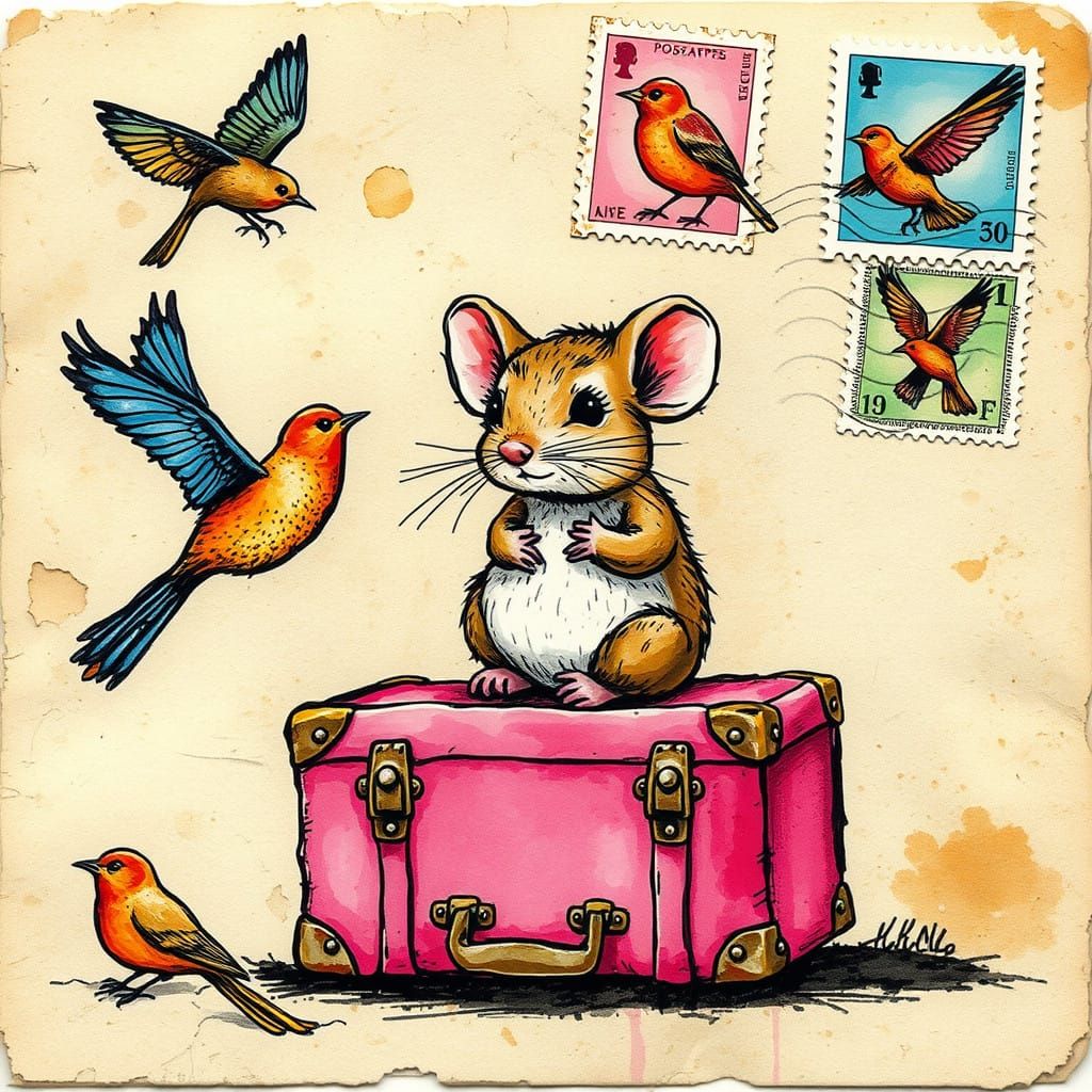 Vibrant Artistic Postcard Scene with Mouse and Birds