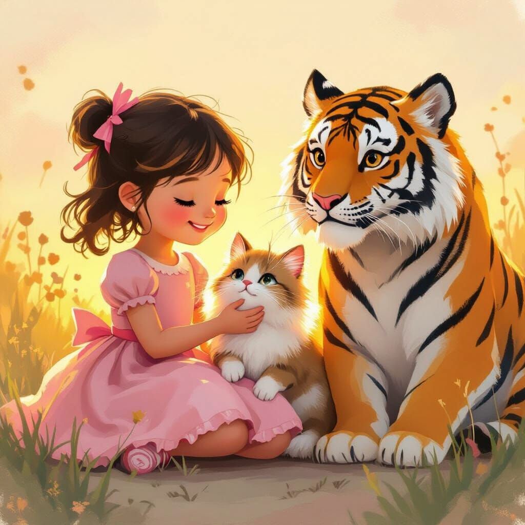Girl with Cat and Tiger in Storybook Style
