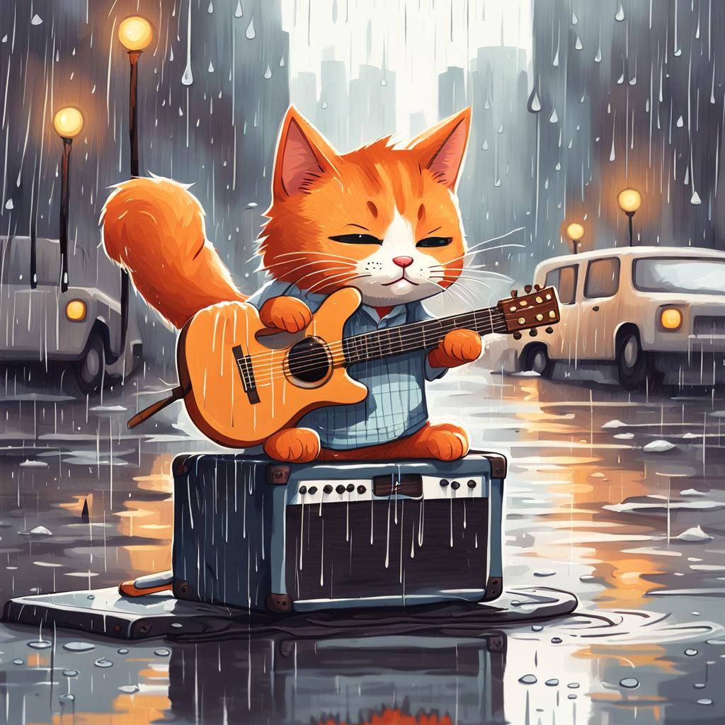 Sad Orange Cat Plays Guitar in Rainy City