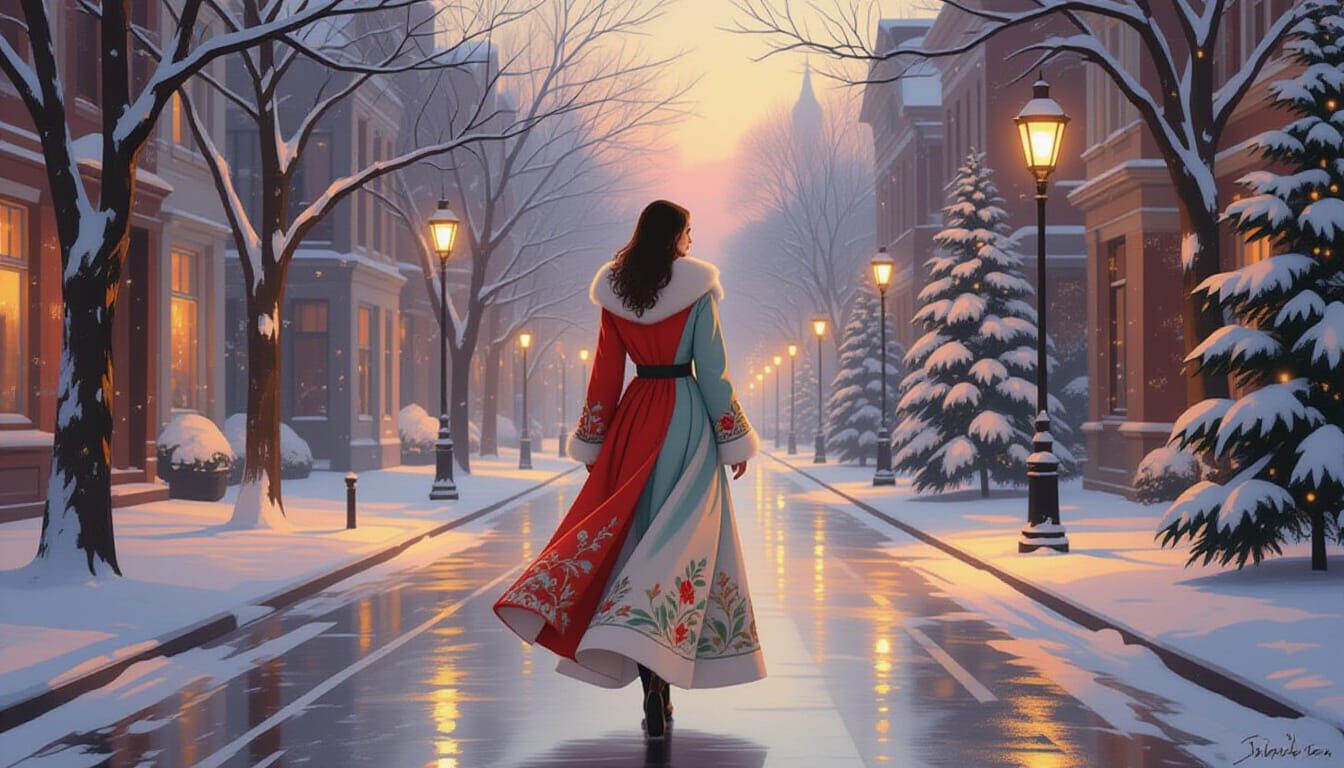Elegant Woman in Snowy City at Dusk, Oil Painting Style