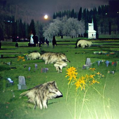 Graveyard Meadow at Night with Wolves