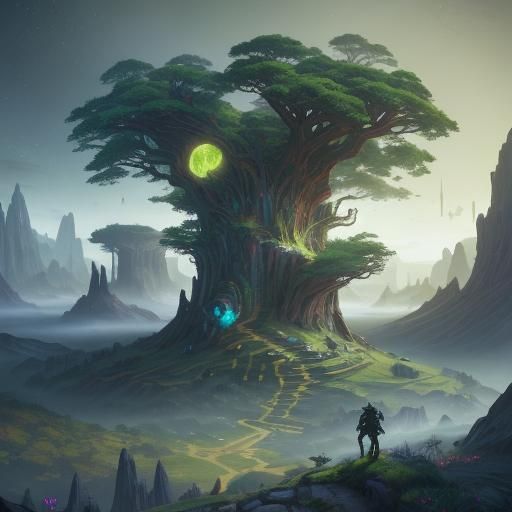 Fantasy Hero Overlooking Mystical Cityscape