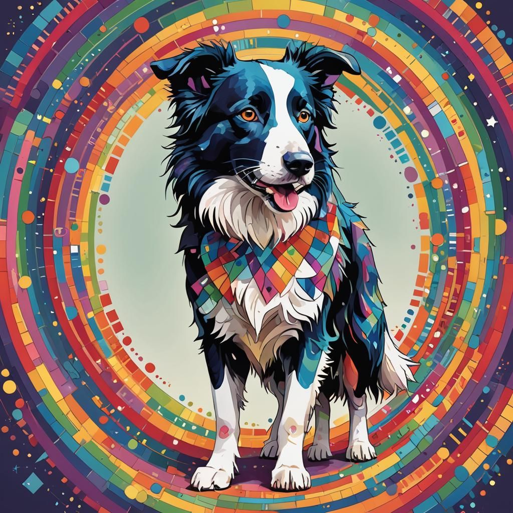 Rainbow Border Collie: Minimalist Surrealist Illustration