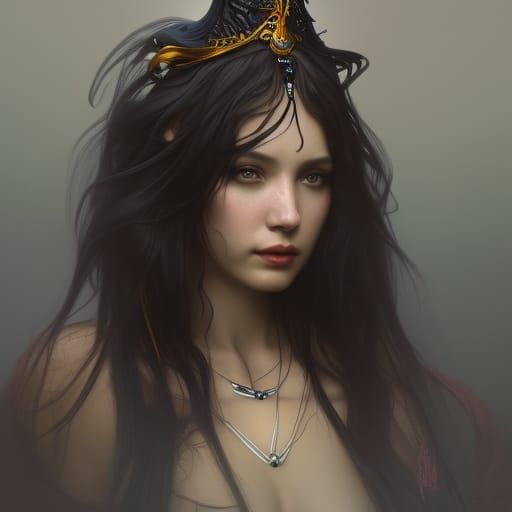 Crow Goddess Portrait in Art Nouveau Style