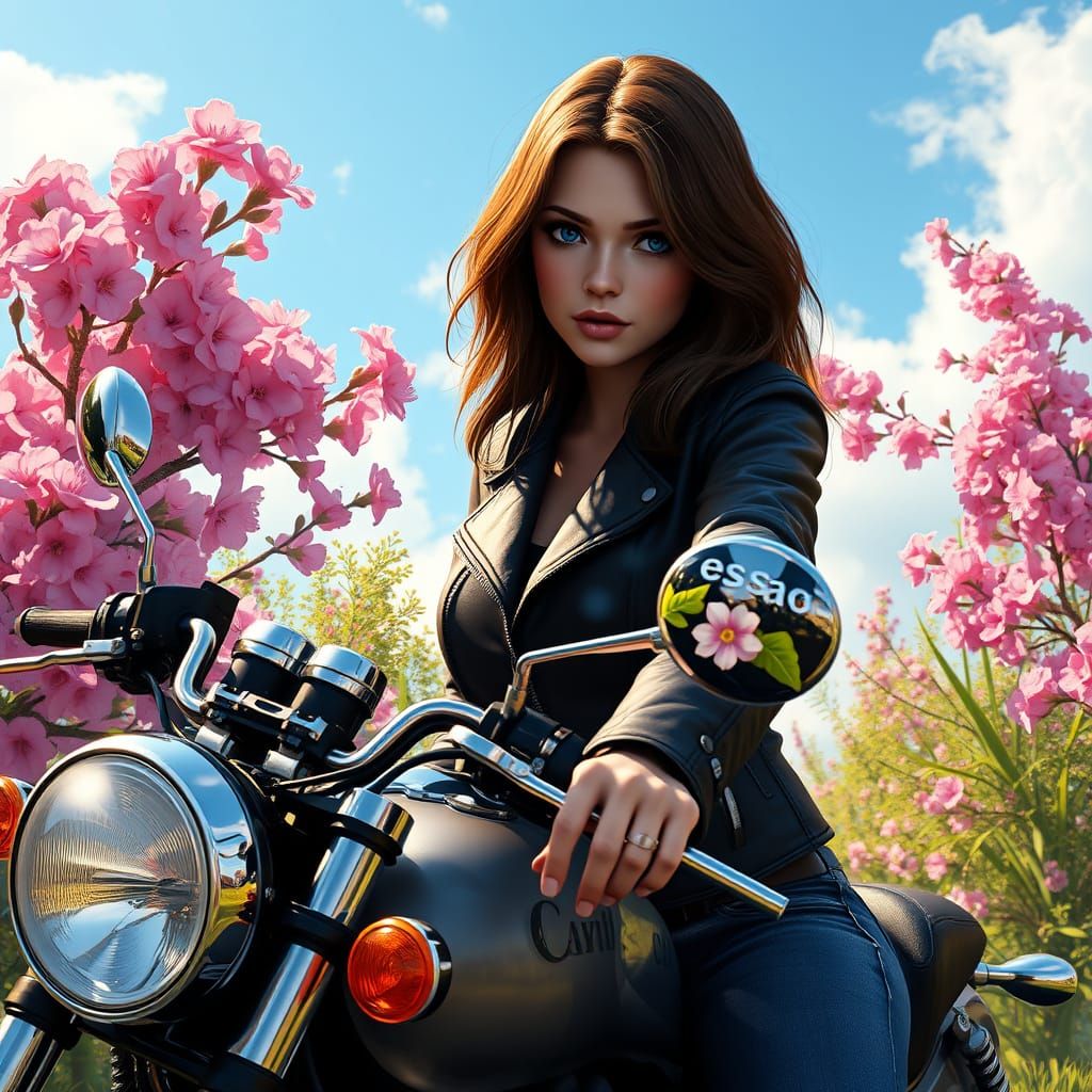 Brunette on Motorcycle in Spring Landscape, Concept Art