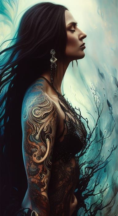 Woman with Black Ink Flow: Photorealistic Gouache Painting