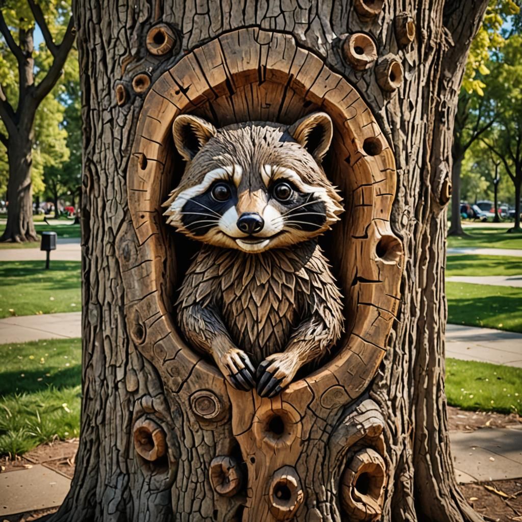 Detailed Raccoon Carving on Weathered Tree Trunk