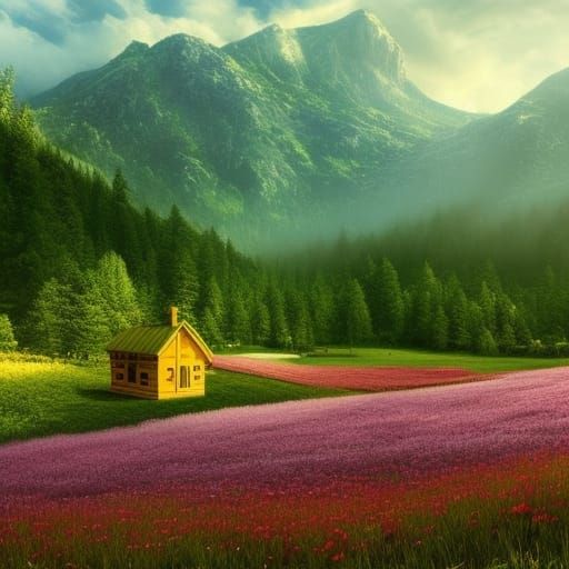 Idyllic Cabin Scene in Mountain Flower Meadow