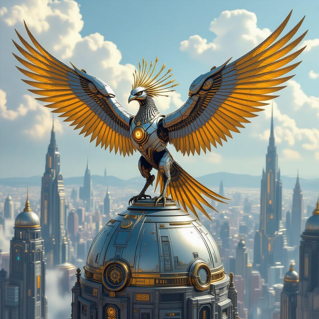 Cyberpunk Mechanical Bird Overlooks Futuristic City