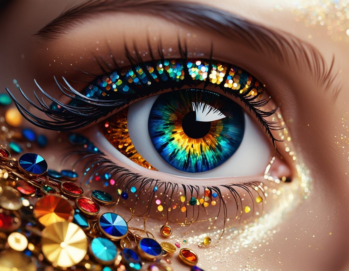 Glamorous Close-Up of a Woman's Face Adorned with Iridescent...