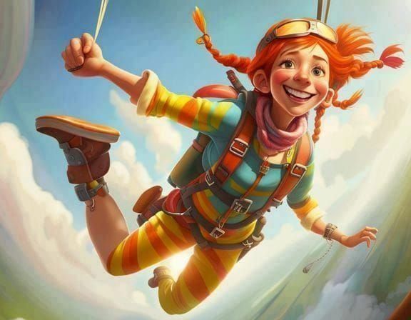 A close up of skydiving Pippi Longstocking