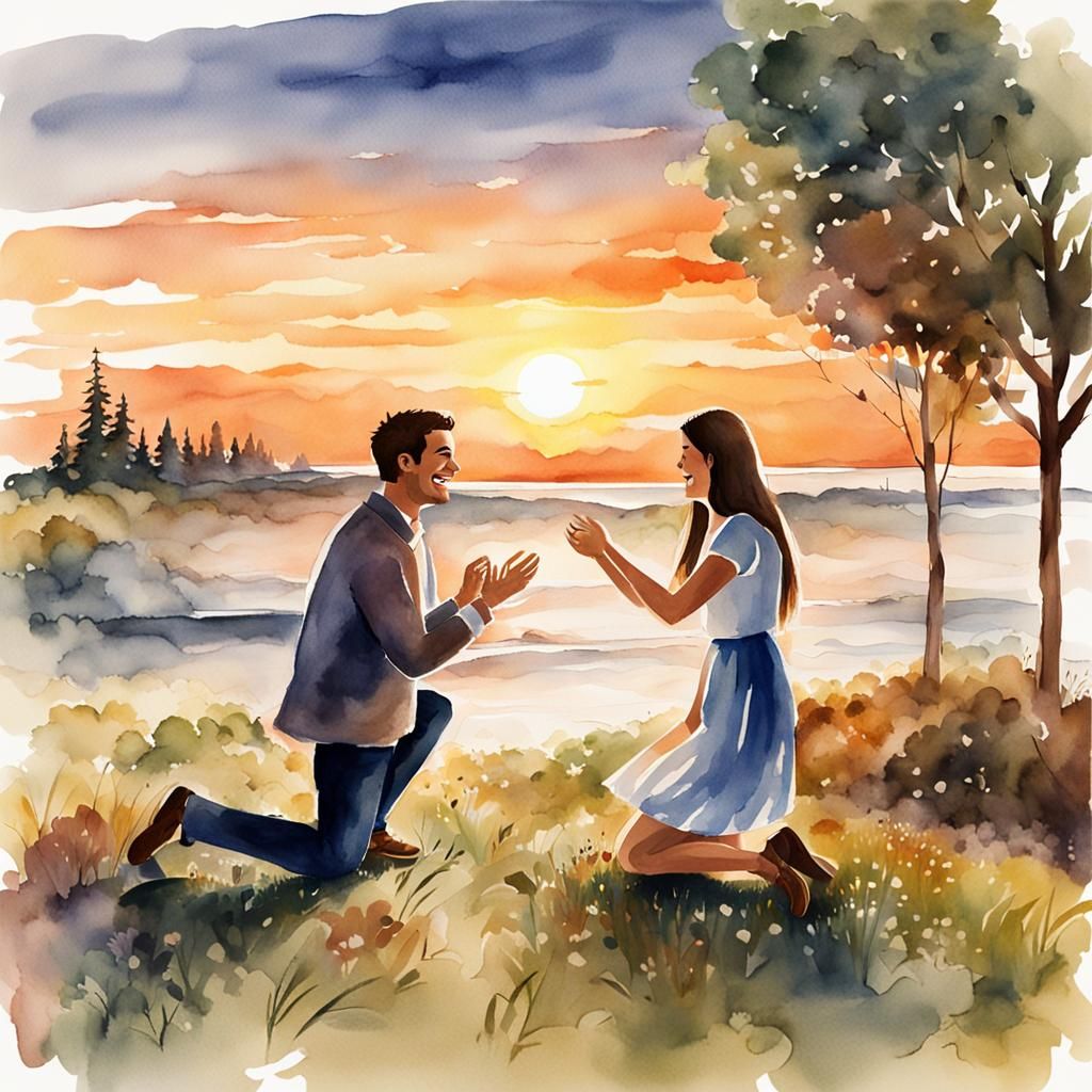 Romantic Sunset Proposal in Watercolor Style