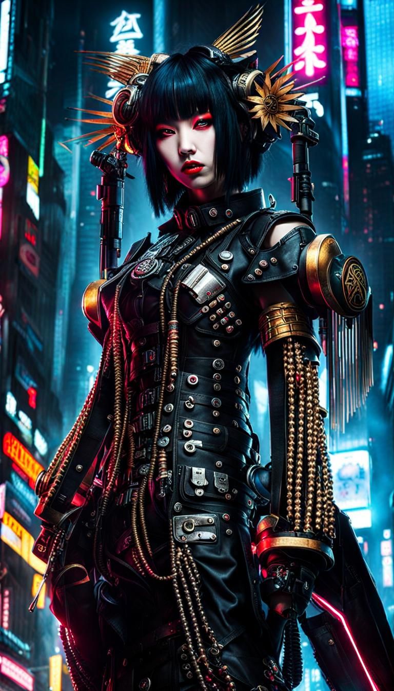 Cyberpunk Geisha in Dystopian Cityscape