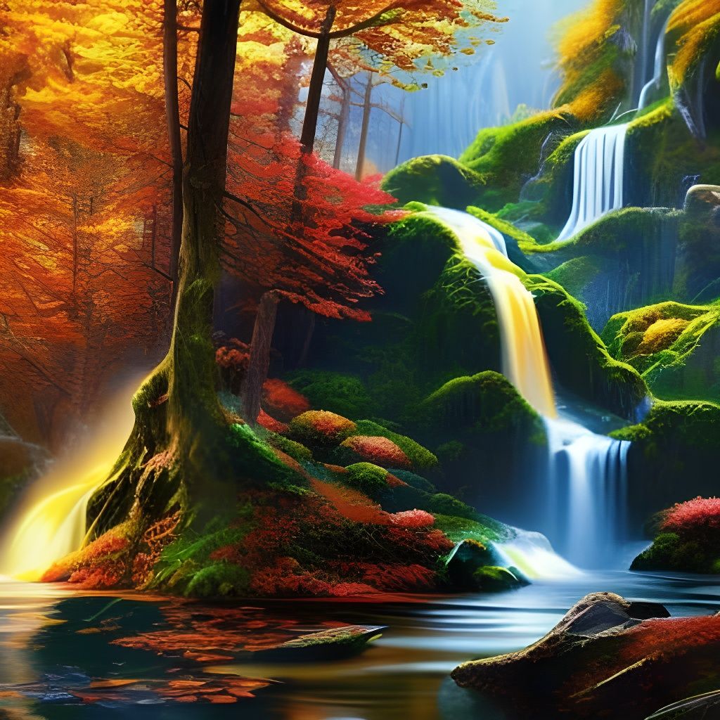 Colorful Autumn Woods and Sapphire Waterfall