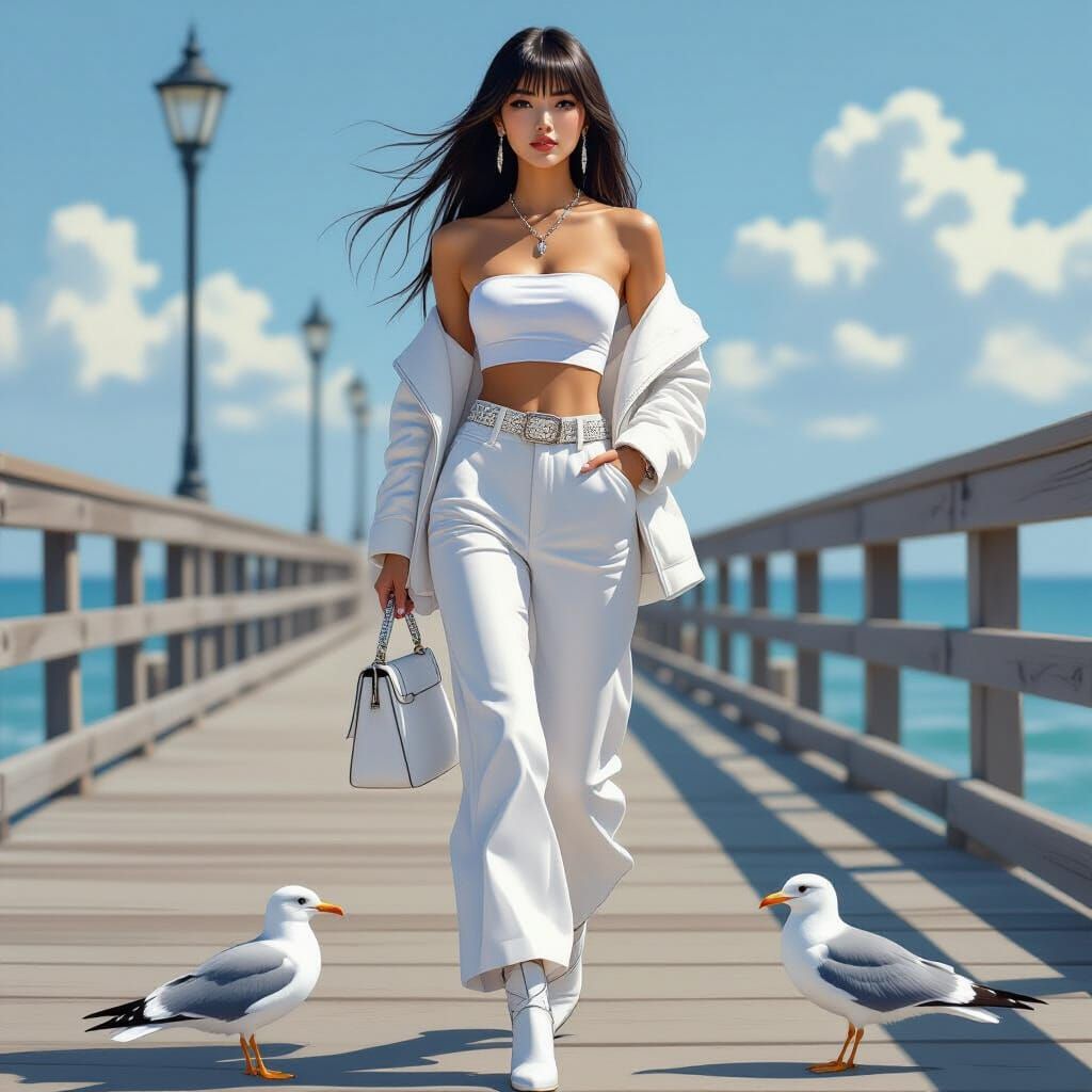 Asian Woman on Pier in Photorealistic Style