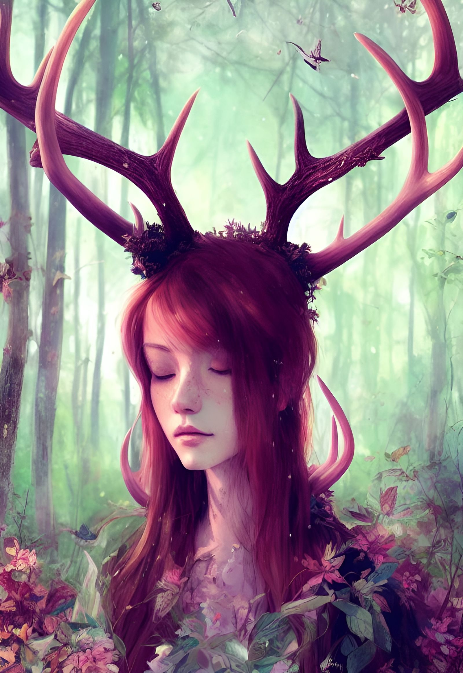 Woman with Antlers in Forest: Digital Illustration