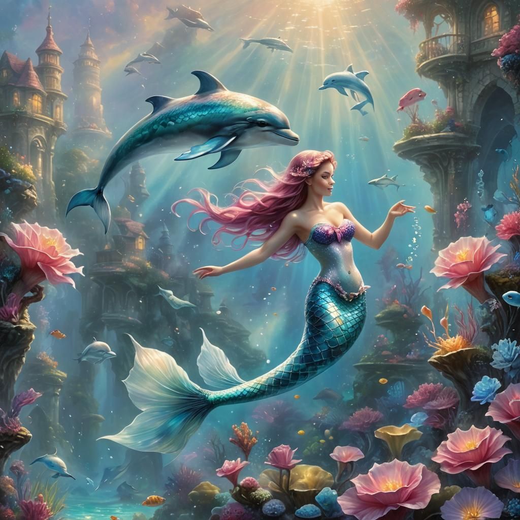 Pink-Haired Mermaid with Dolphin in Ethereal Style
