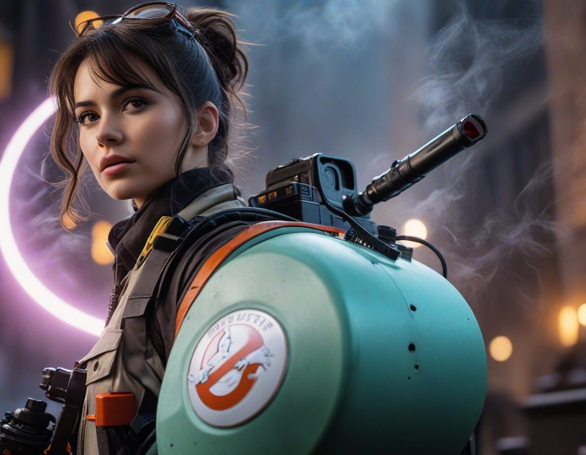 Ethereal Ghostbuster in Misty Alleyway, Cinematic Portrait
