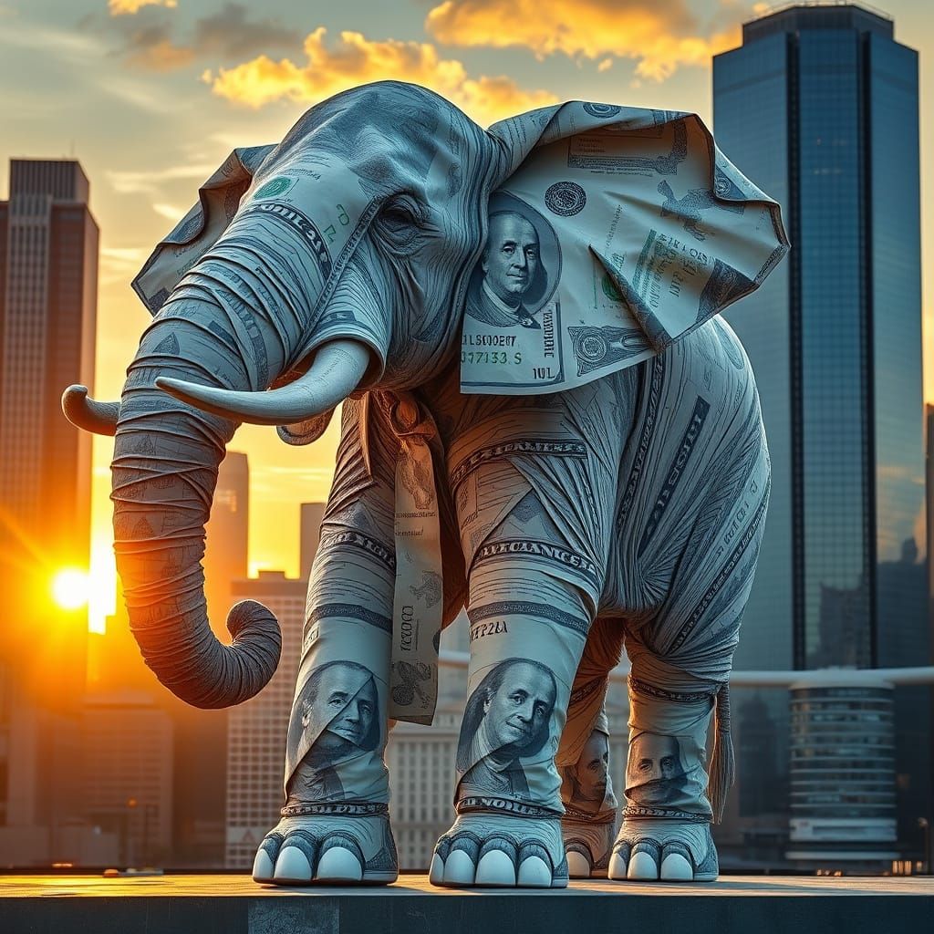 Paper Money Elephant in Sunset Metropolis