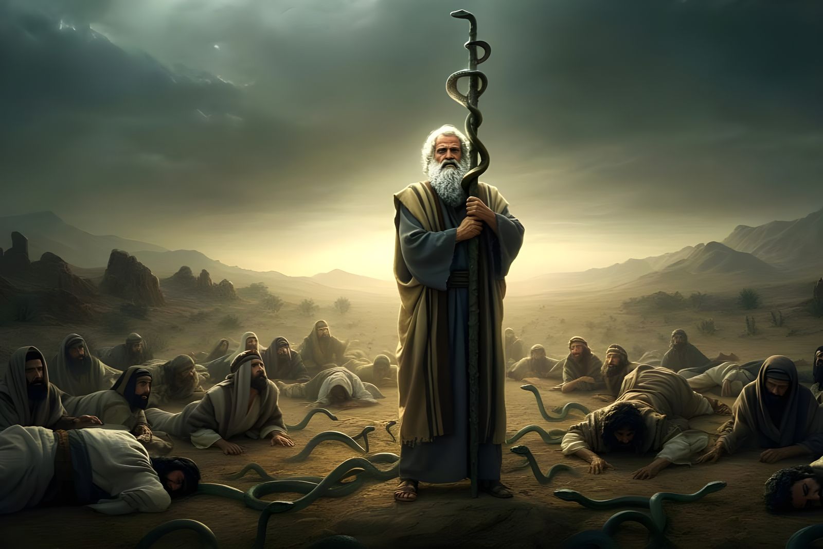 Moses and the Bronze Serpent in Dark Matte Style