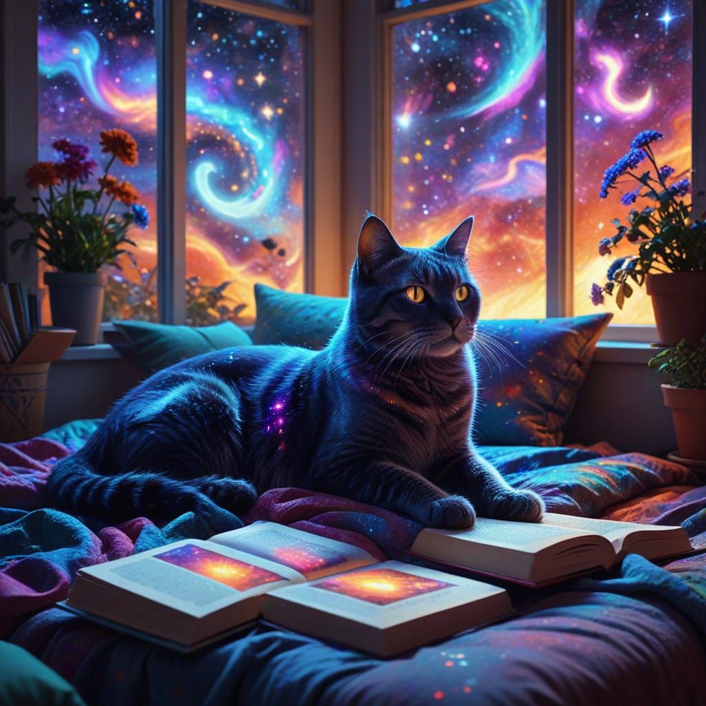 Cosmic Cats & Books on Bed with Garden View
