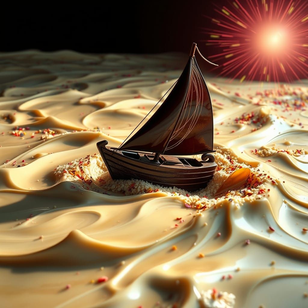 Chocolate Sailing Boat on a White Chocolate Sea