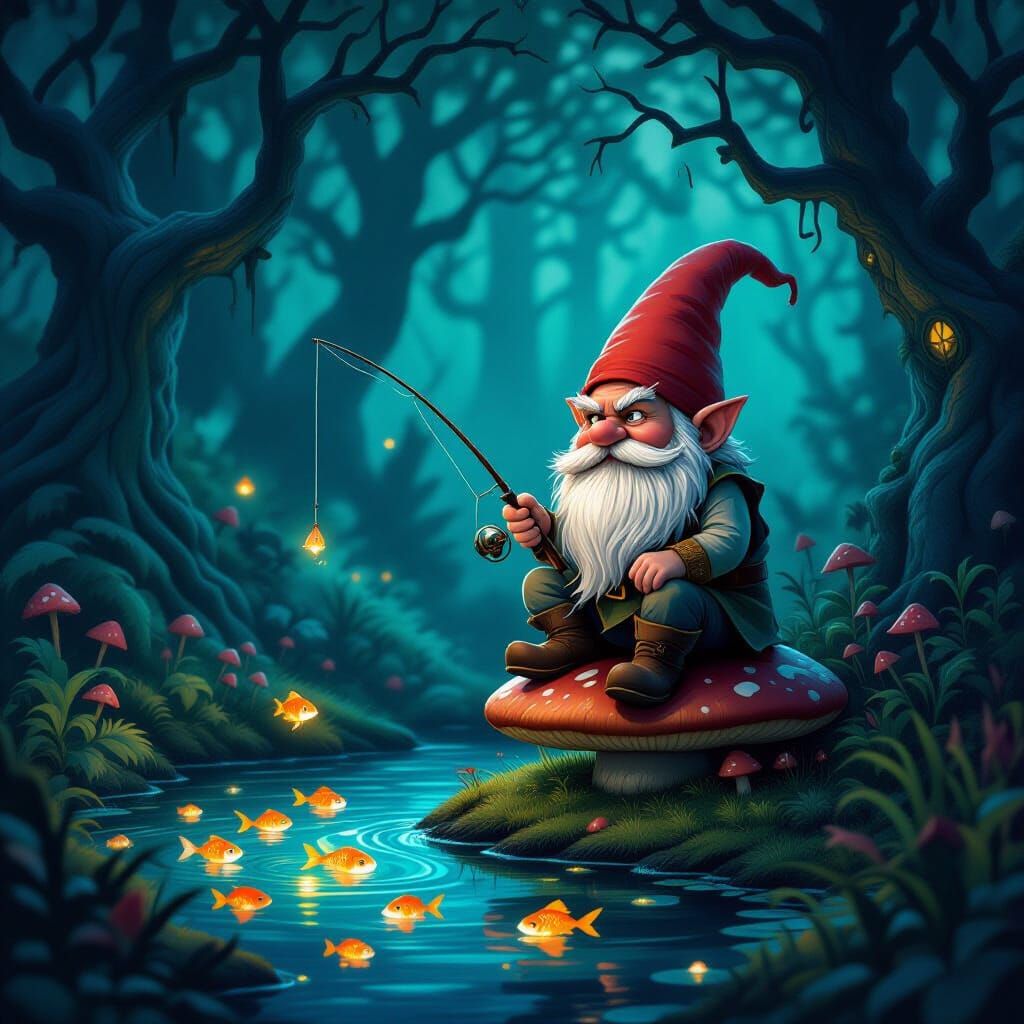Gnome Fishing in Enchanted Forest: Dark Fantasy Art