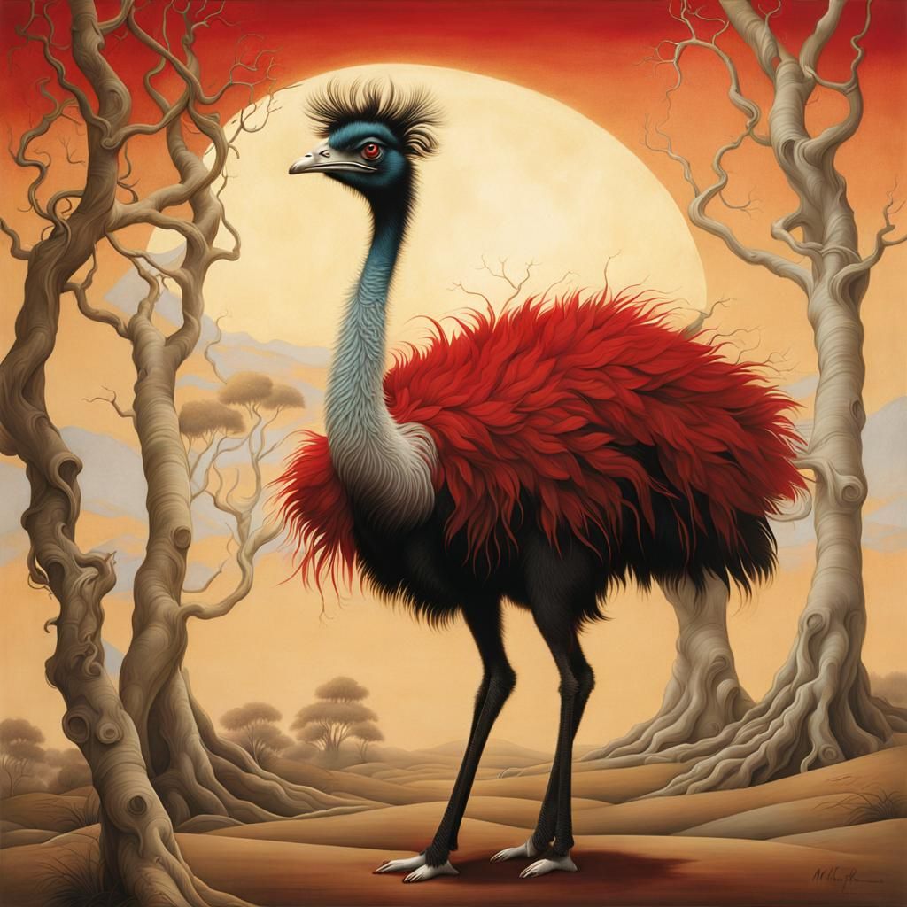 Dancing Emu in Red Valley, Fantasy Art