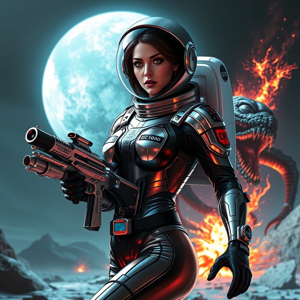 Astronaut Battles Alien on Moon in Dystopian Sci-Fi Style