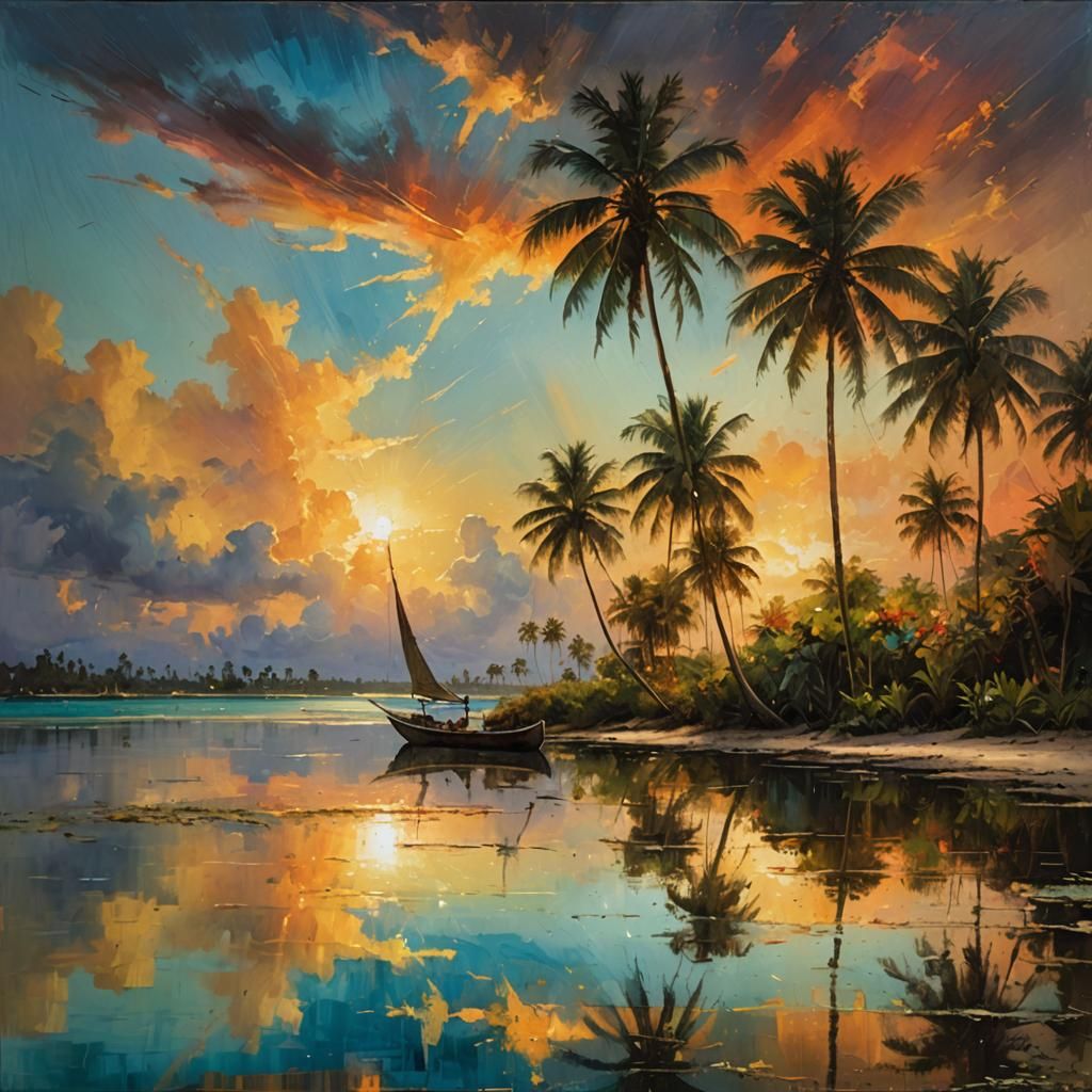 Tropical Beach Sunset in Expressive Style