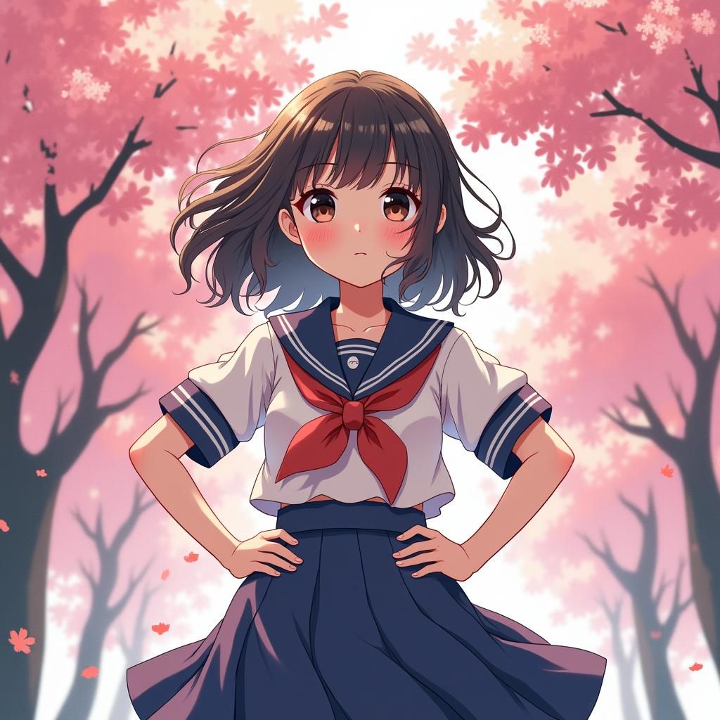 Japanese Schoolgirl in Cherry Blossom Garden, Anime Style