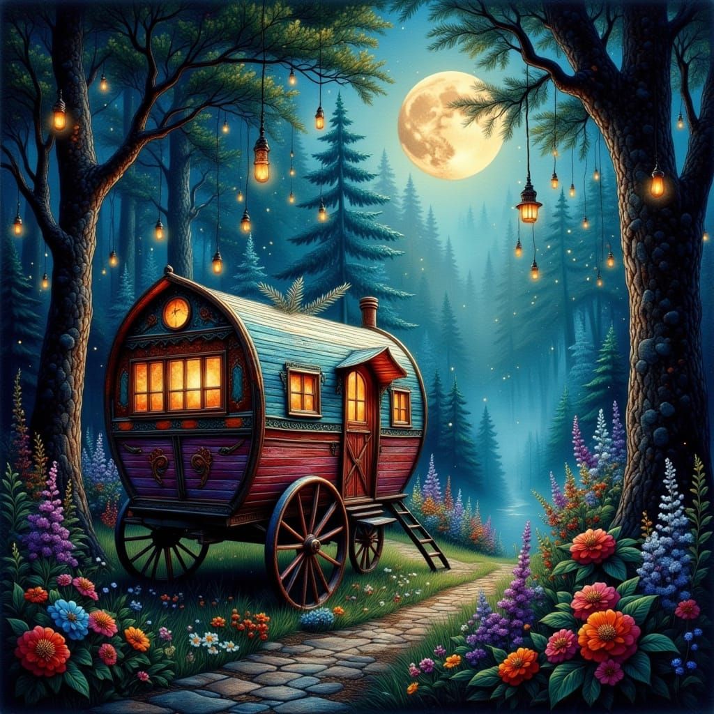 Enchanted Gypsy Caravan in Magical Forest