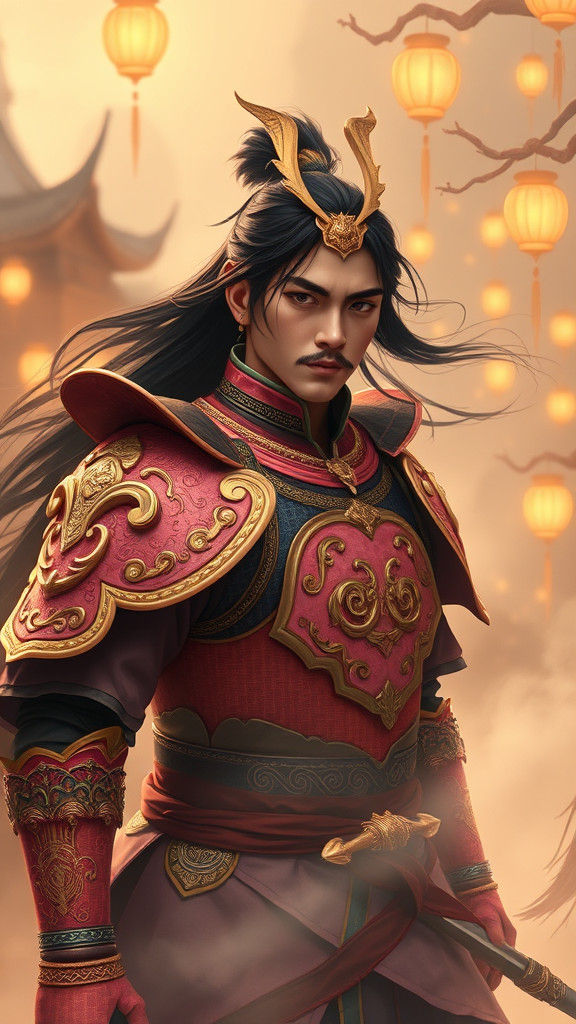 Asian Warrior in Mystical Landscape, Dreamlike Fantasy Art
