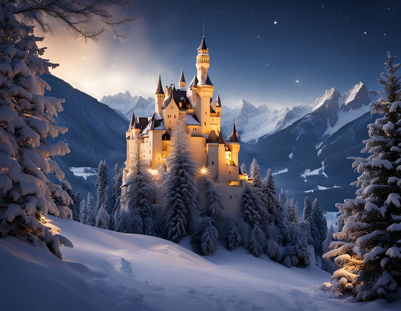Fairytale Castle Christmas Night in the Alps