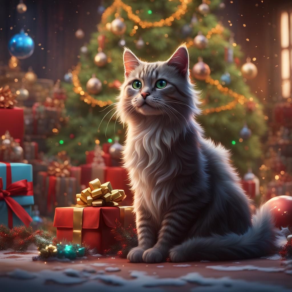 Festive Cat Christmas: Detailed Matte Painting