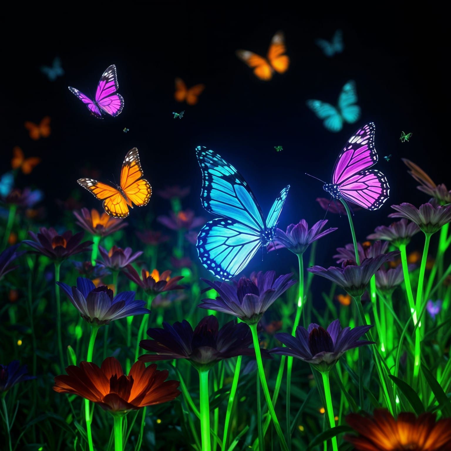 Fluorescent Butterflies Illuminate a Night Meadow