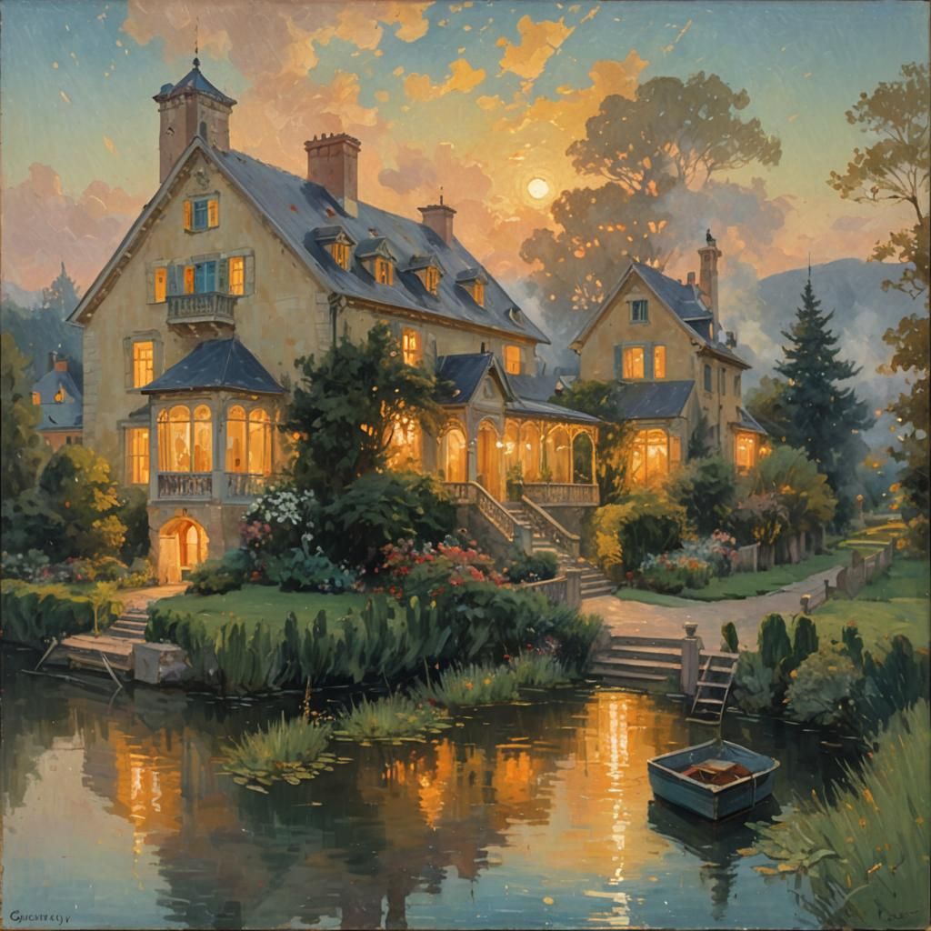 Moonlit Mansion: An Impressionist Oil Painting