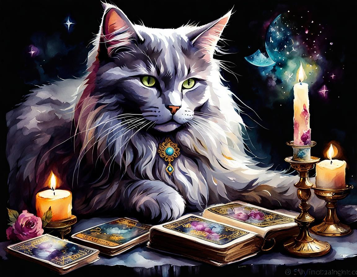 Dreamy Cat Surrounded by Magical Artefacts