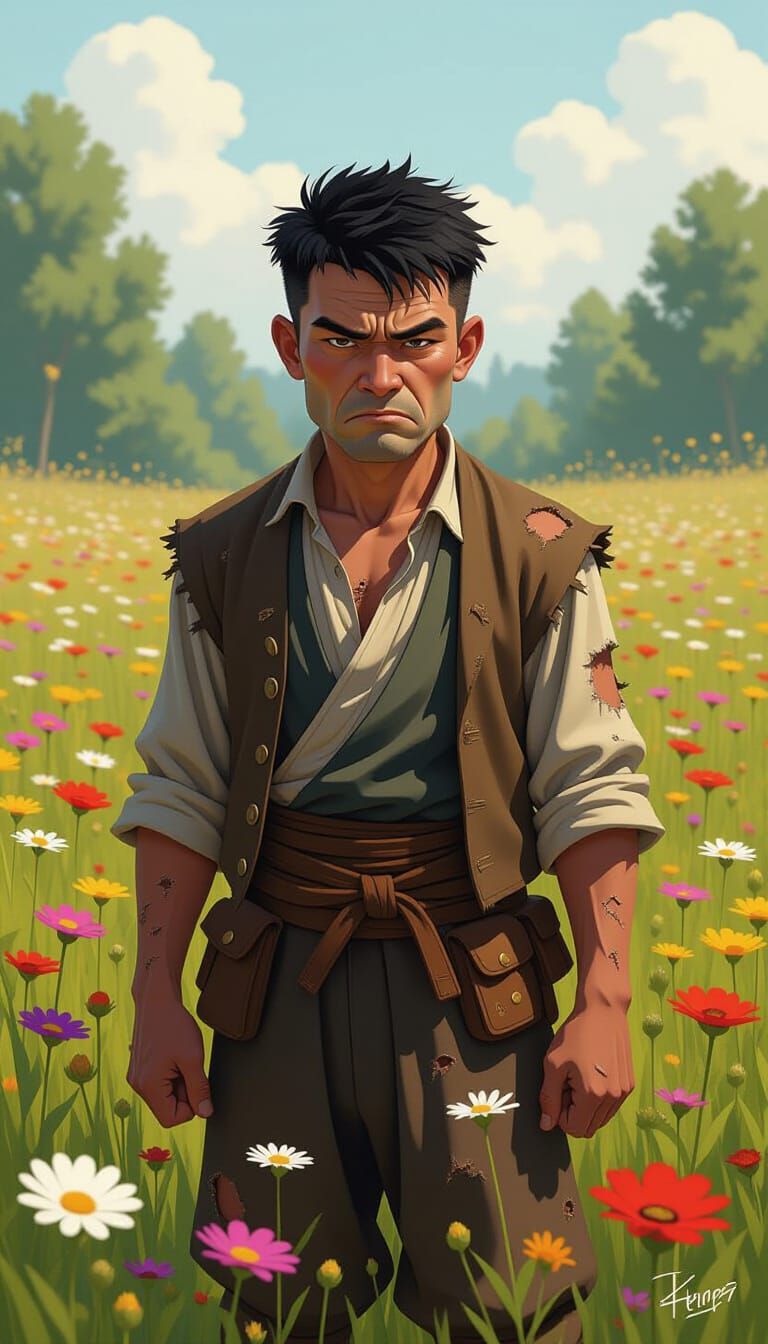 Gritty Comic: Short Man in Vibrant Meadow