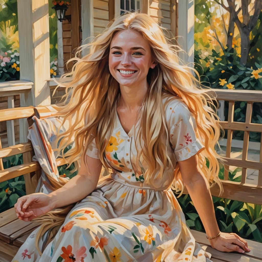 Blonde Girl on Porch in Impressionist Oil Painting