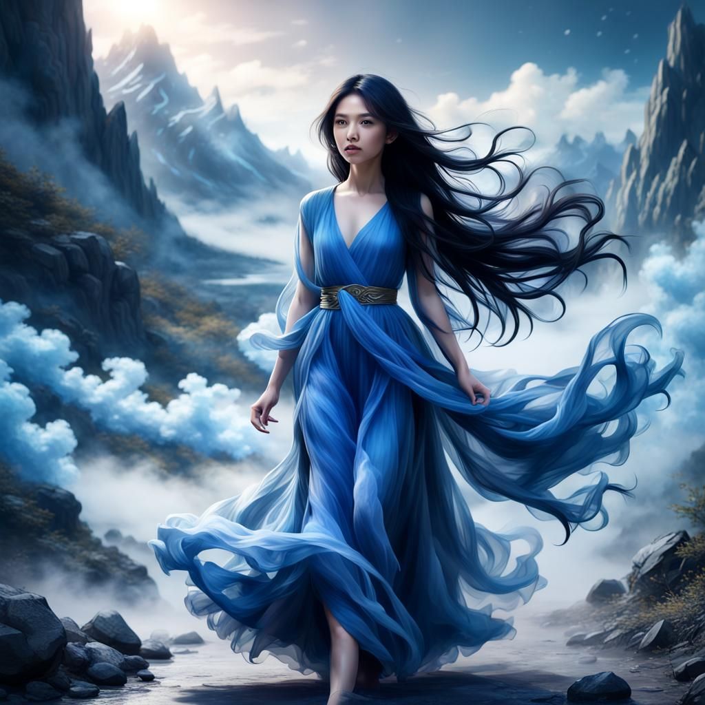 Ethereal Asian Woman in Flowing Dress: Fantasy Art