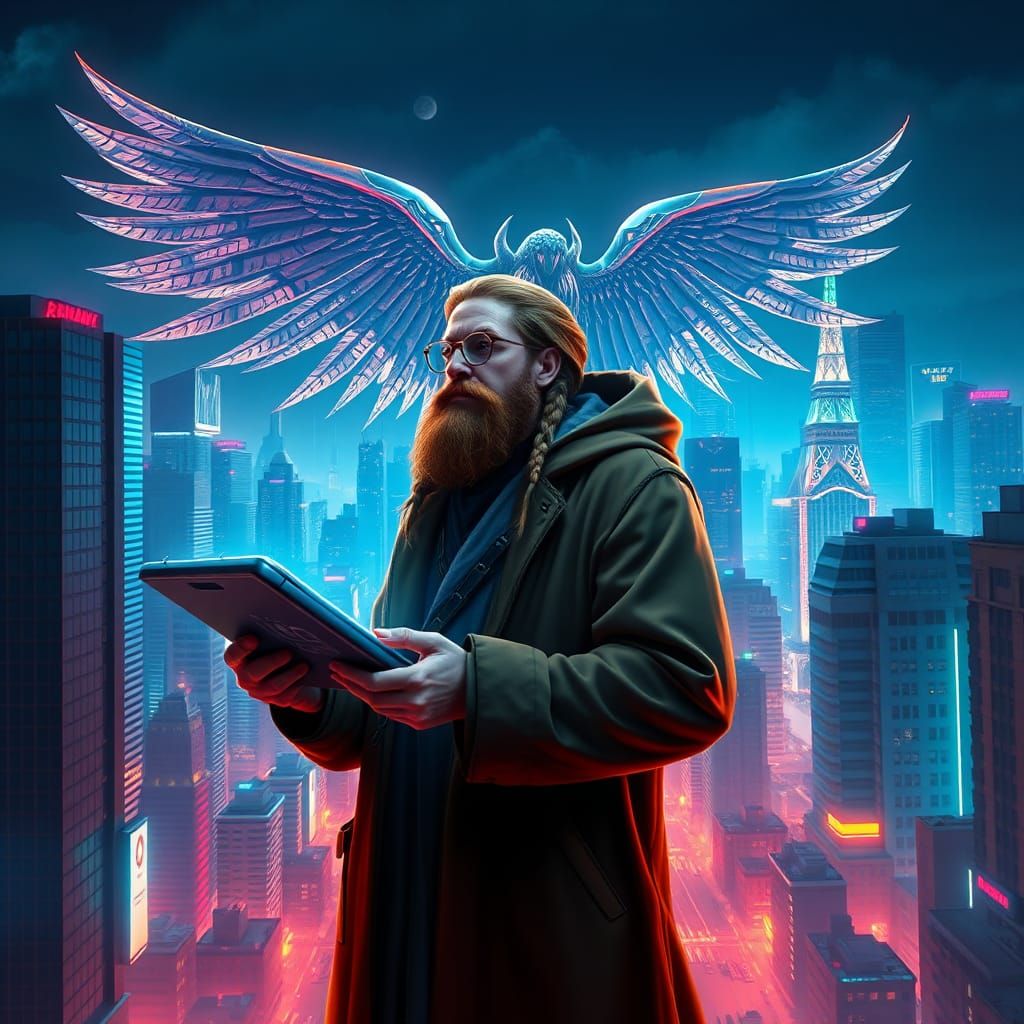 Da Vinci in Cyberpunk Cityscape: 8k Matte Painting