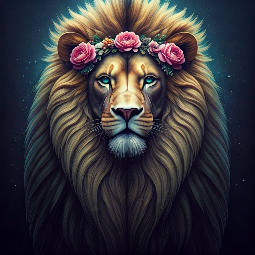Anamorphic Lion with Flower Crown and Pearlescent Portal