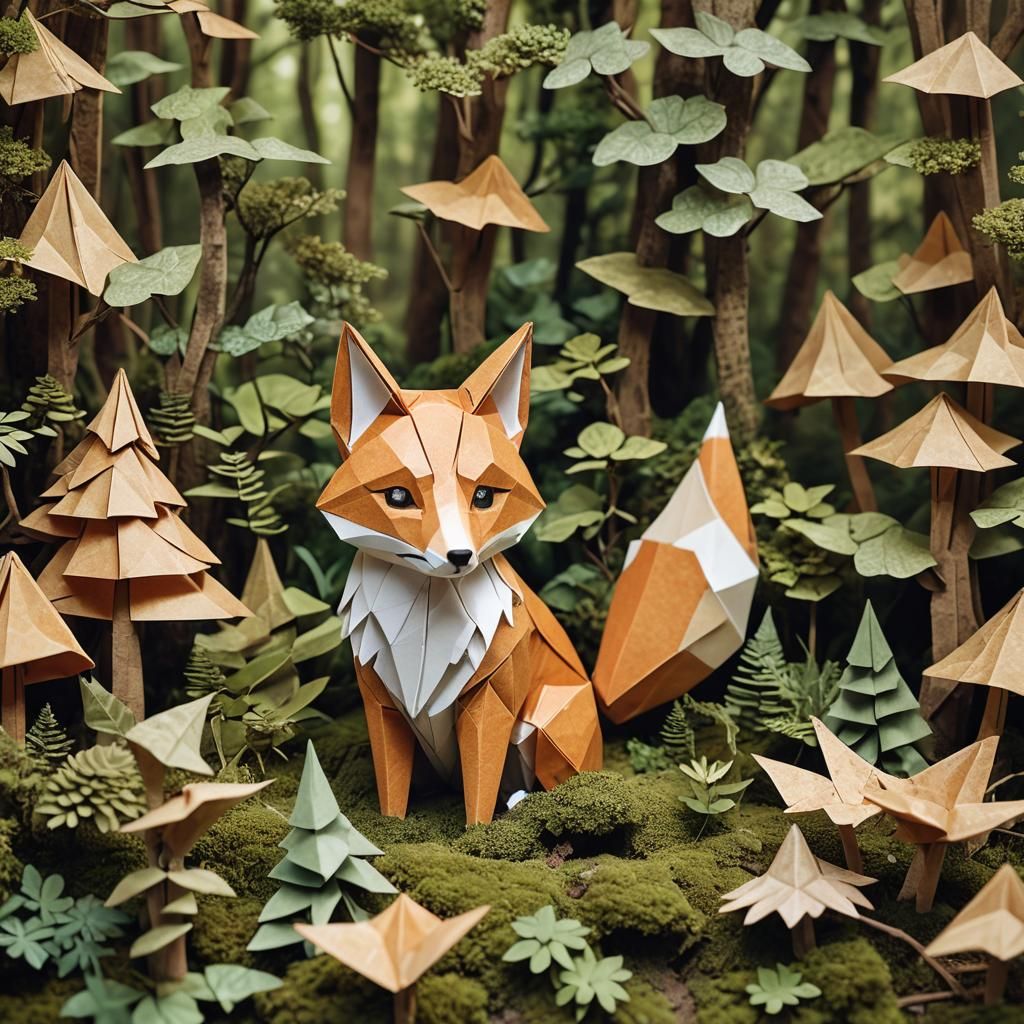 Origami Fox Papercraft in Forest Setting