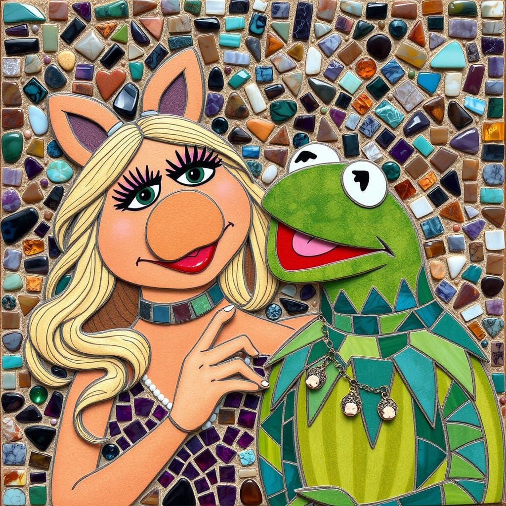 Mosaic Artwork of Miss Piggy and Kermit in Vibrant Gemstones
